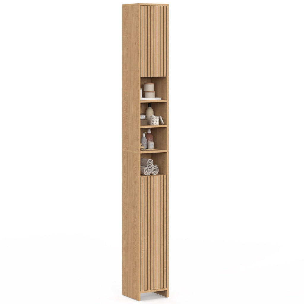 Meuble colonne de salle de bain VICTOR, 2 portes, 4 niches, effet lattes