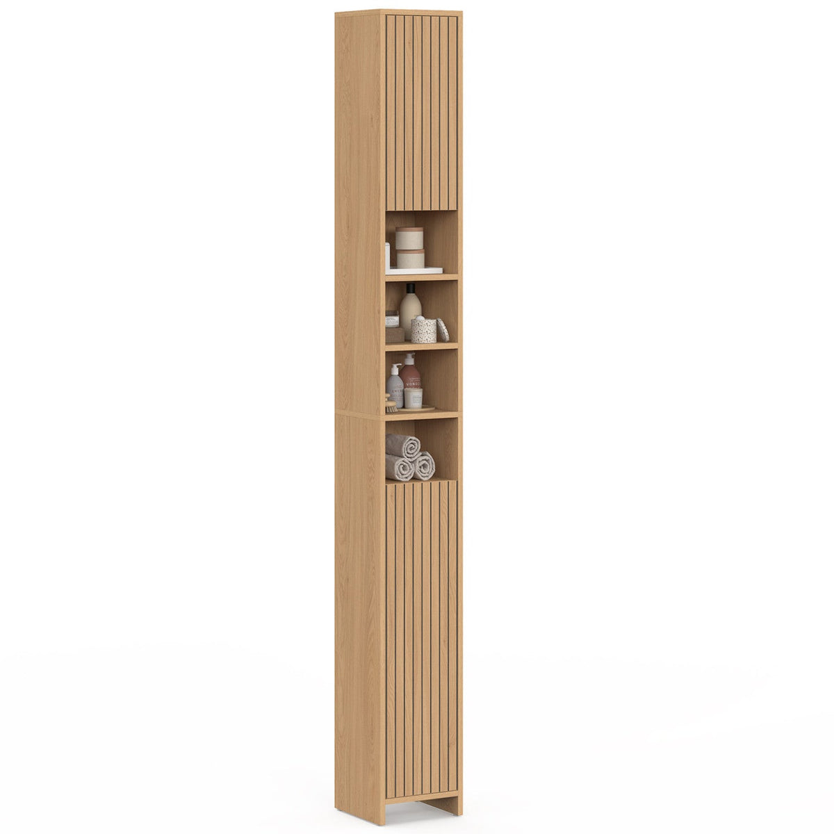 Meuble colonne de salle de bain VICTOR, 2 portes, 4 niches, effet lattes
