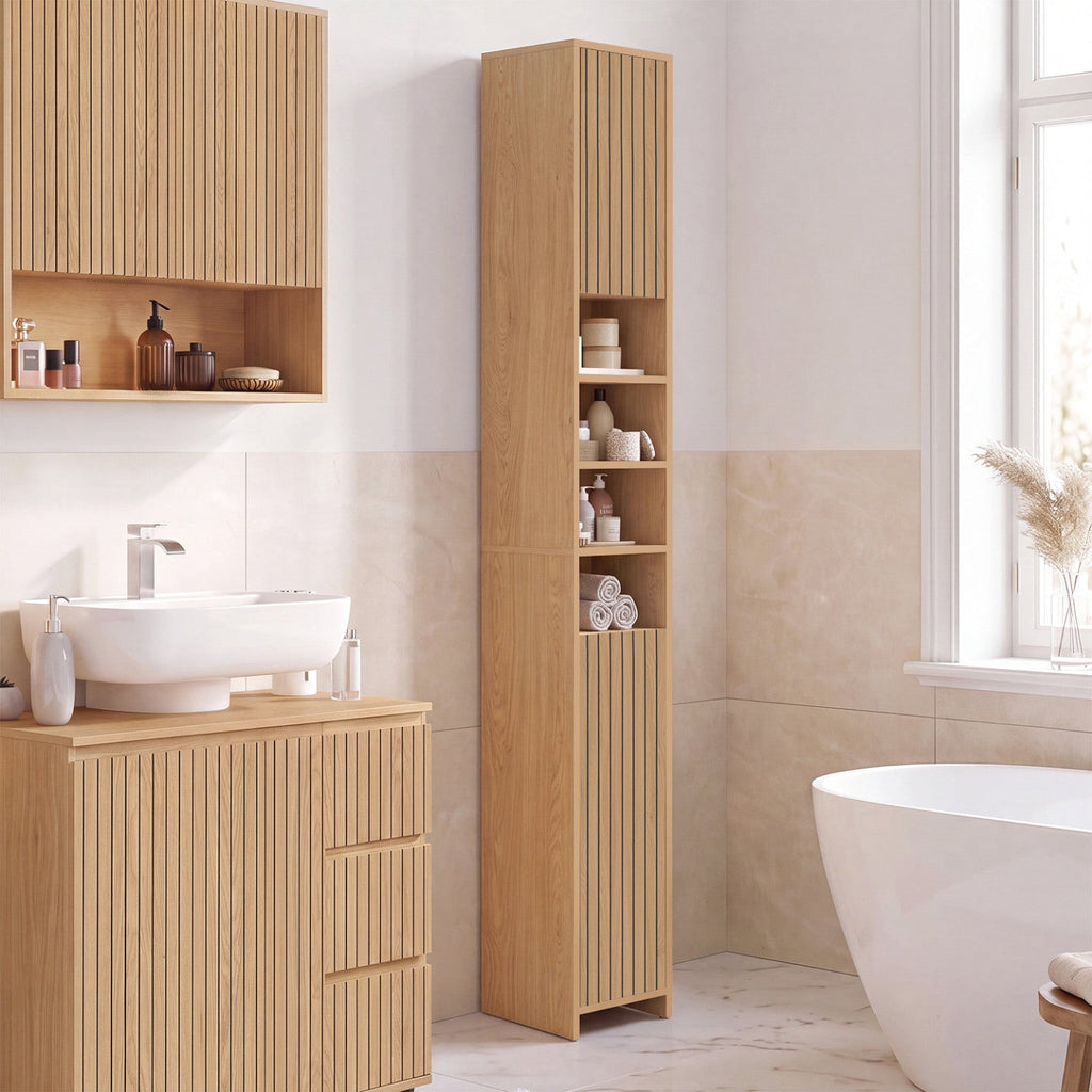Meuble colonne de salle de bain VICTOR, 2 portes, 4 niches, effet lattes