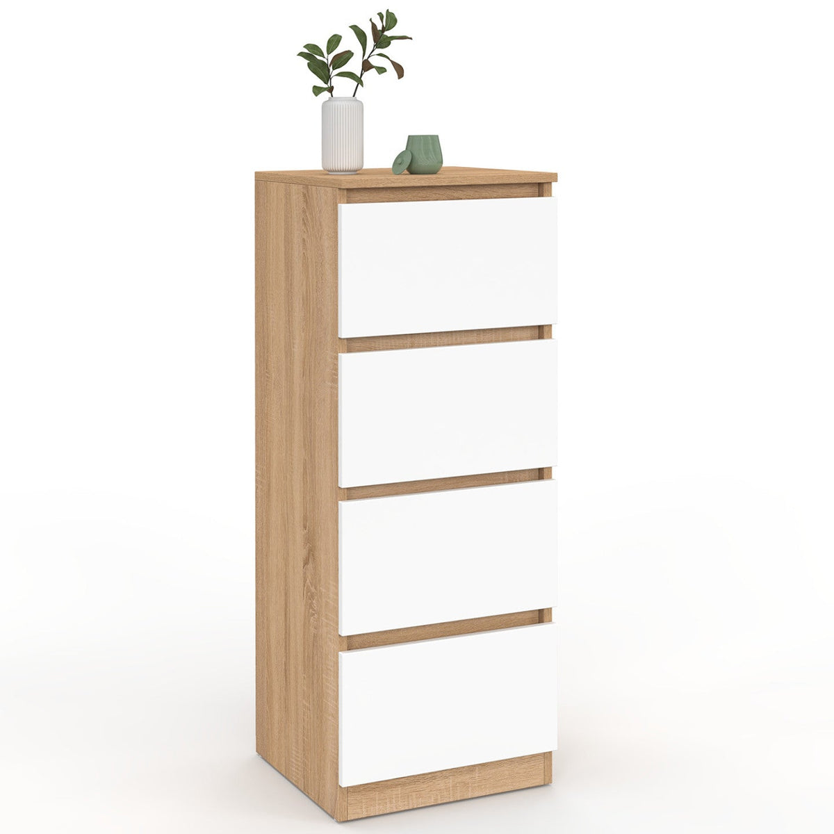 Meuble d'appoint 4 tiroirs TOMI 30x30x80 cm, chiffonnier pour entrée et salle de bain, bois décor hêtre et blanc