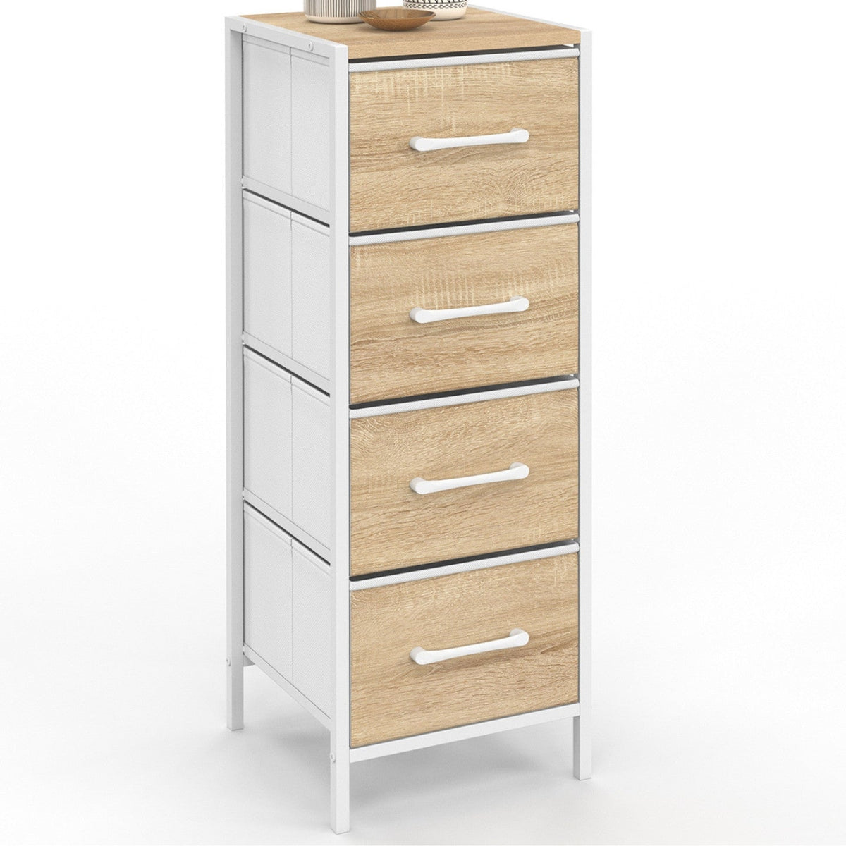 Meuble d'appoint 4 tiroirs UTAH 30x30x80 cm chiffonnier pour entrée salle de bain design industriel bois façon hêtre et blanc