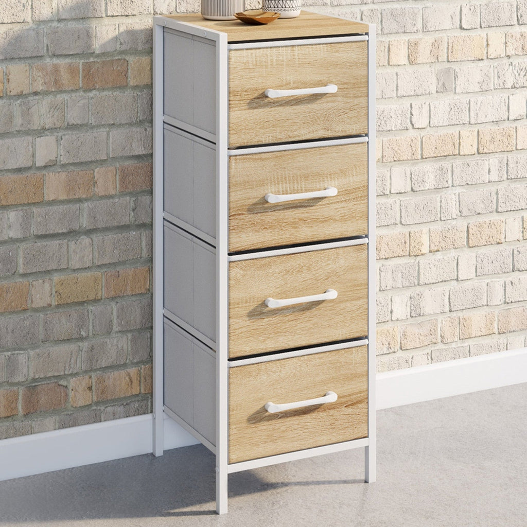 Meuble d'appoint 4 tiroirs UTAH 30x30x80 cm chiffonnier pour entrée salle de bain design industriel bois façon hêtre et blanc