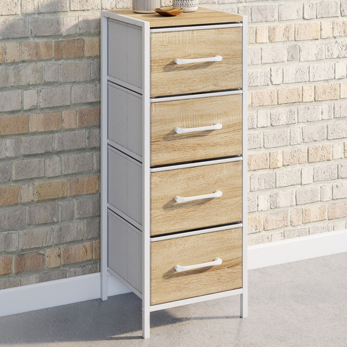 Meuble d'appoint 4 tiroirs UTAH 30x30x80 cm chiffonnier pour entrée salle de bain design industriel bois façon hêtre et blanc