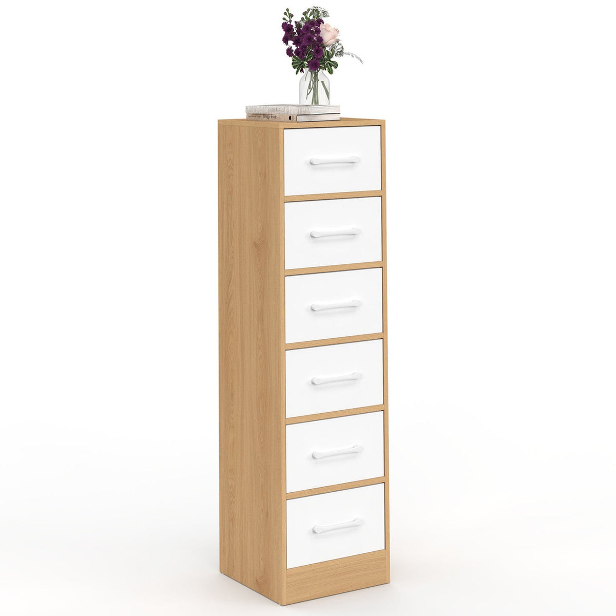 Meuble d'appoint 6 tiroirs UPPAH 30x30x110 cm chiffonnier pour entrée salle de bain bois façon hêtre et blanc