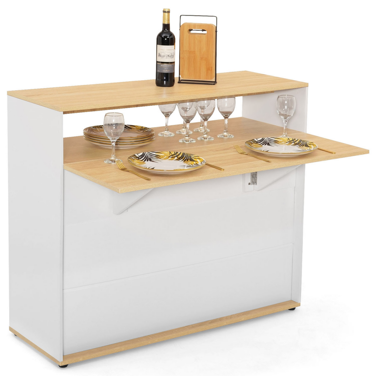 Meuble bar convertible en table à manger 2 personnes VITO blanc et plateau bois