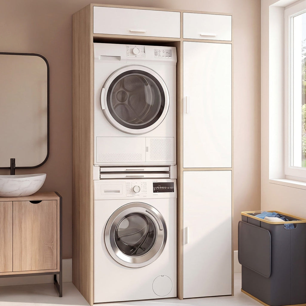 WALLIS laundry unit for stacked washing machine and tumble dryer with wood and white storage cabinet