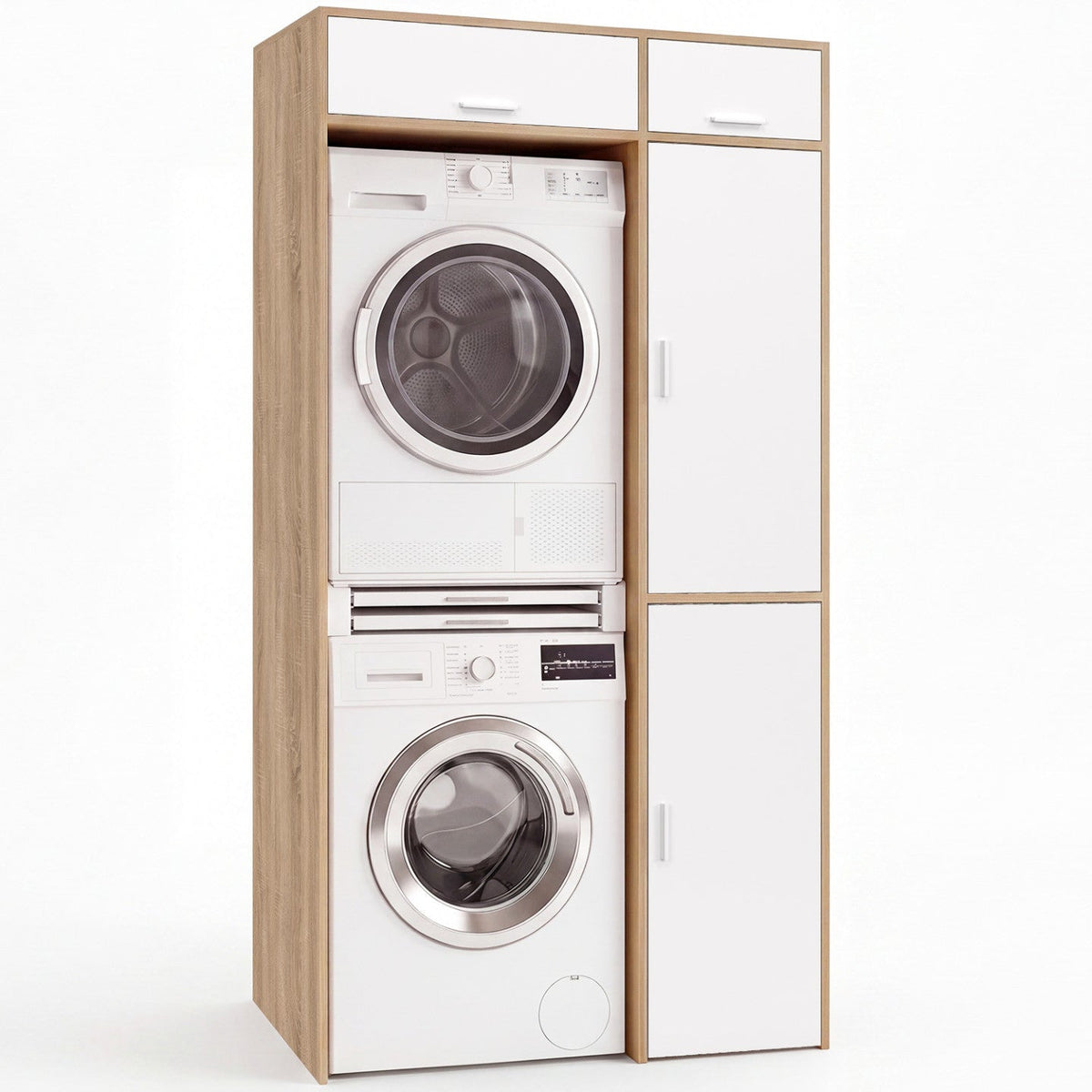 WALLIS laundry unit for stacked washing machine and tumble dryer with wood and white storage cabinet