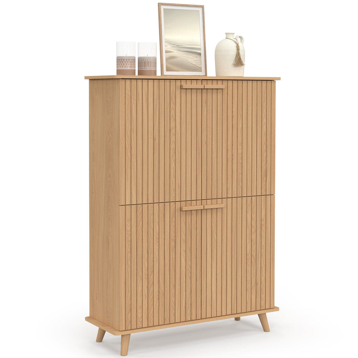 Meuble de rangement 4 portes JULIETTE effet lattes tasseaux bois coloris chêne