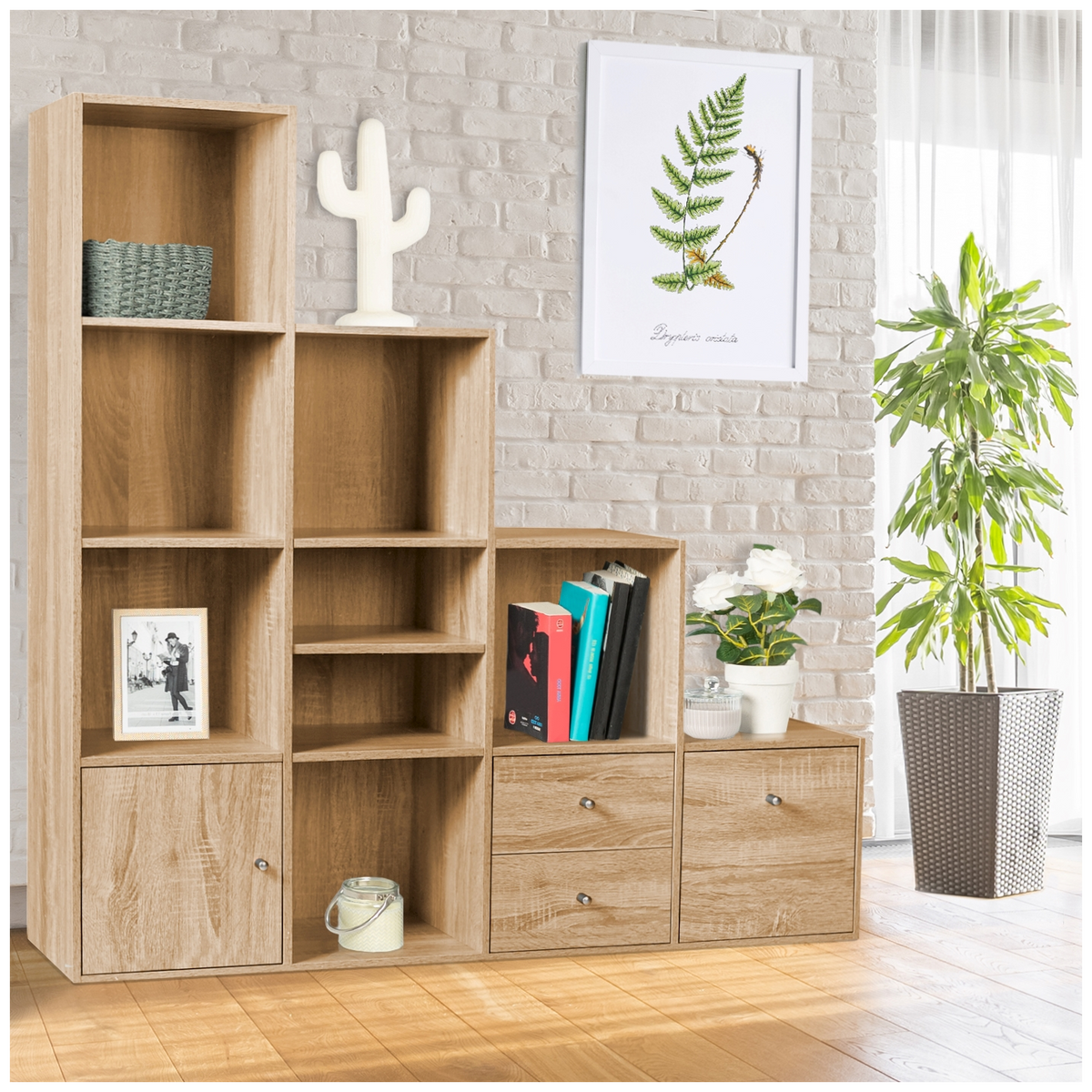 Meuble de rangement en escalier LIAM 4 niveaux décor hêtre avec porte et tiroirs