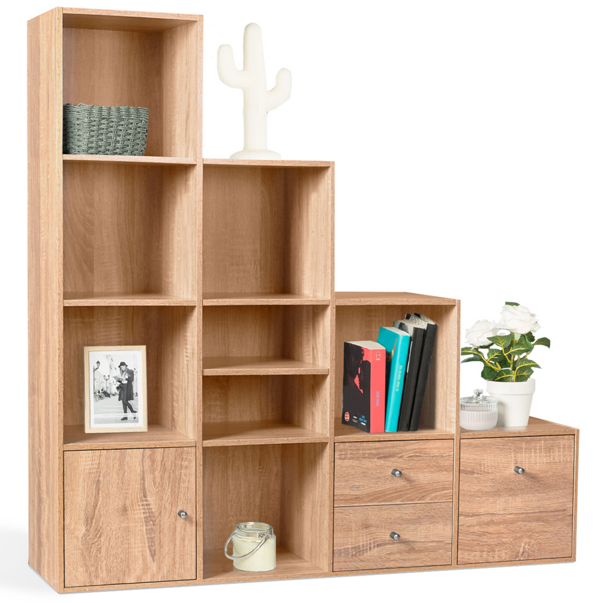 Meuble de rangement en escalier LIAM 4 niveaux décor hêtre avec porte et tiroirs