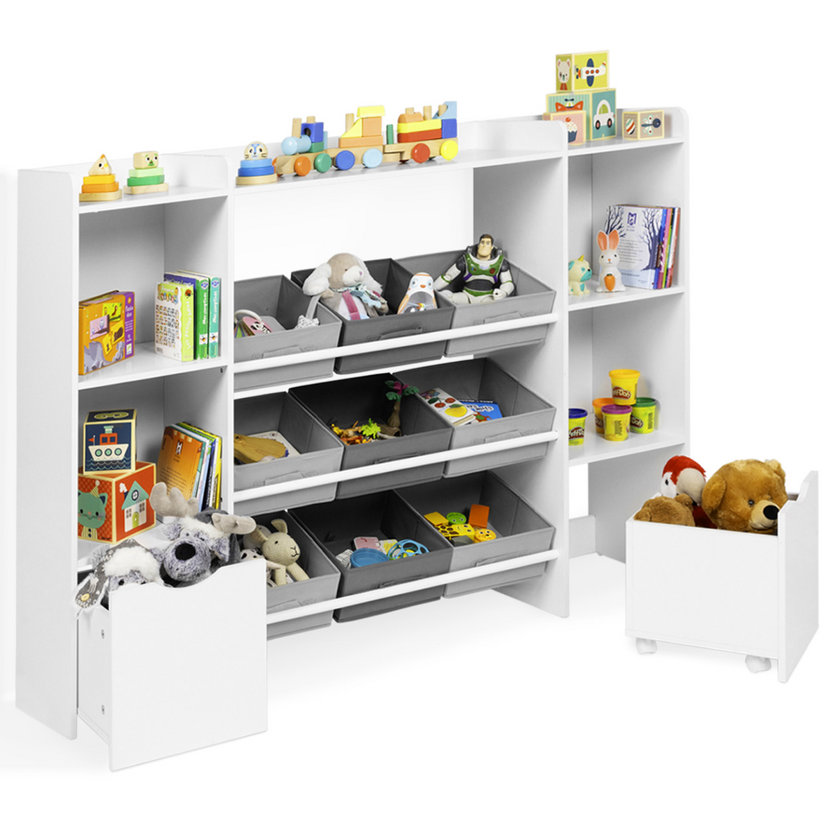 Meuble de rangement enfant MANA 7 étagères, 9 bacs en tissu et 2 cubes sur roulettes blanc