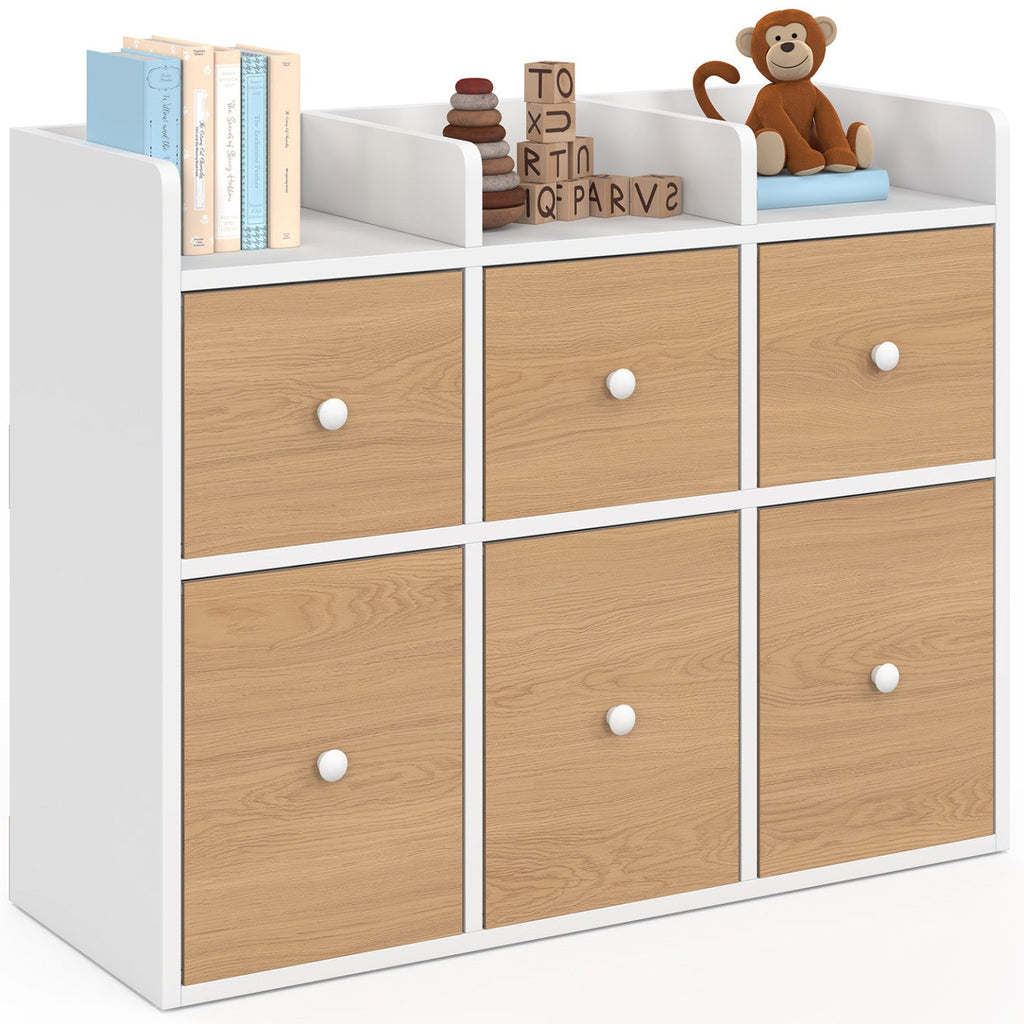Meuble de rangement enfant PABLO blanc, 6 bacs en tissu avec façade effet hêtre et 3 étagères bibliothèque