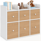 Meuble de rangement enfant PABLO blanc, 6 bacs en tissu avec façade effet hêtre et 3 étagères bibliothèque