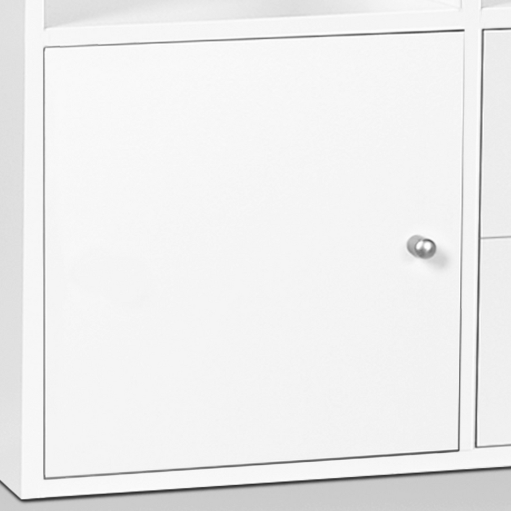 Étagère de rangement en escalier LIAM 3 niveaux bois blanc fond gris avec porte et tiroirs