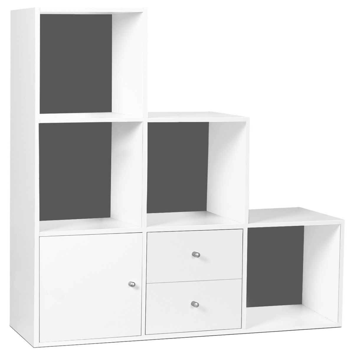 Étagère de rangement en escalier LIAM 3 niveaux bois blanc fond gris avec porte et tiroirs