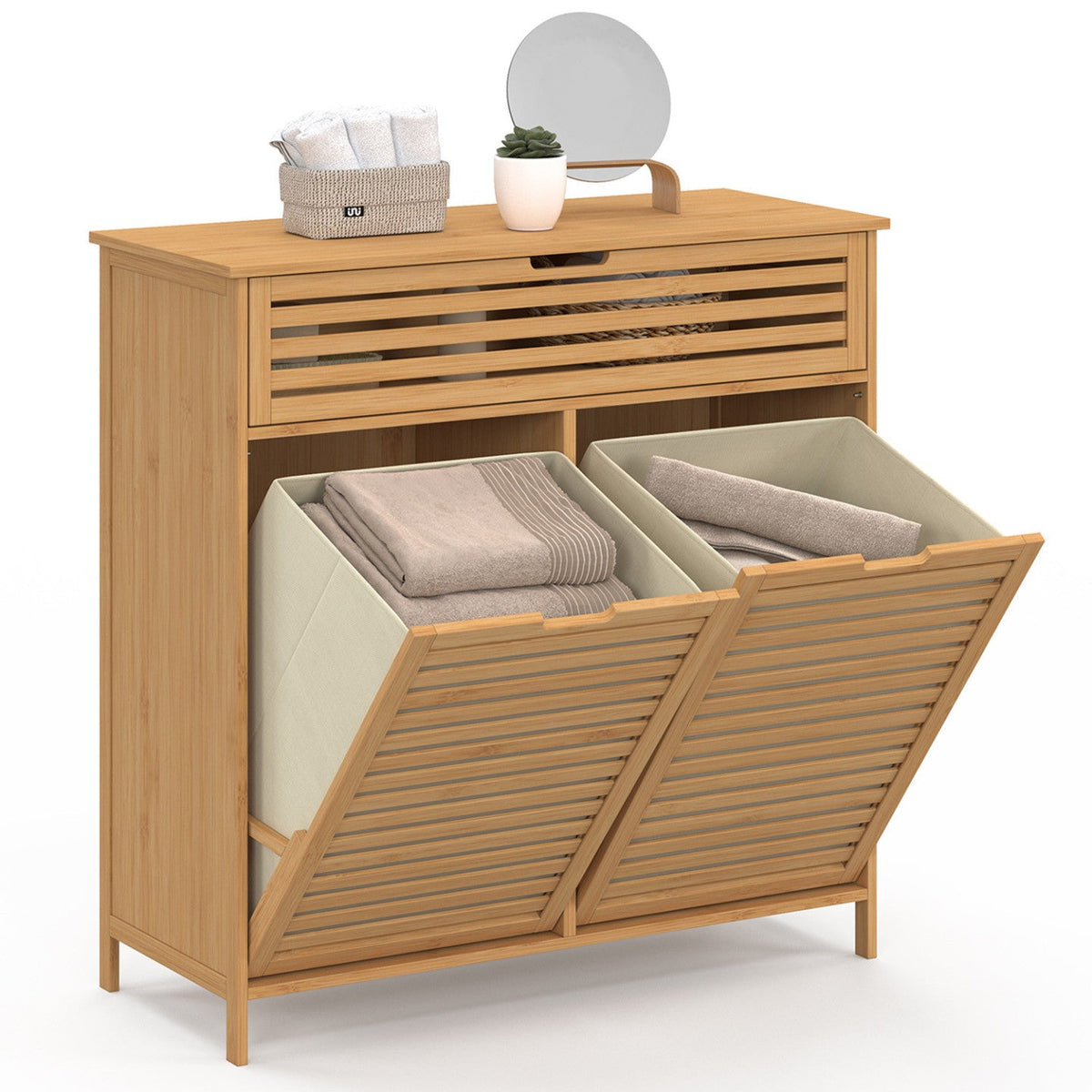 Meuble de rangement salle de bain en bambou BEA avec 2 paniers à linge amovibles et 1 tiroir en tissu écru