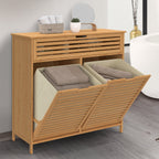 Meuble de rangement salle de bain en bambou BEA avec 2 paniers à linge amovibles et 1 tiroir en tissu écru