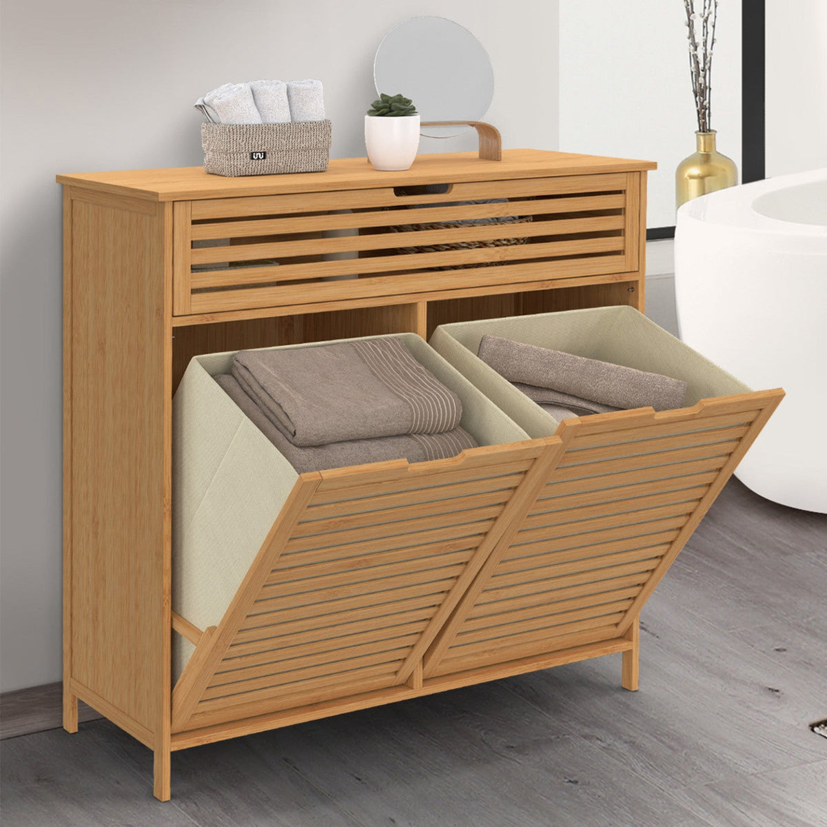 Meuble de rangement salle de bain en bambou BEA avec 2 paniers à linge amovibles et 1 tiroir en tissu écru