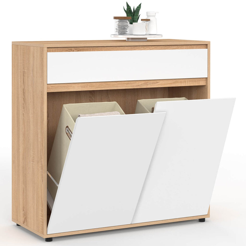 Meuble de rangement salle de bain TOMI 2 portes avec 2 paniers à linge amovibles 1 tiroir décor hêtre et blanc