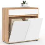 Meuble de rangement salle de bain TOMI 2 portes avec 2 paniers à linge amovibles 1 tiroir décor hêtre et blanc