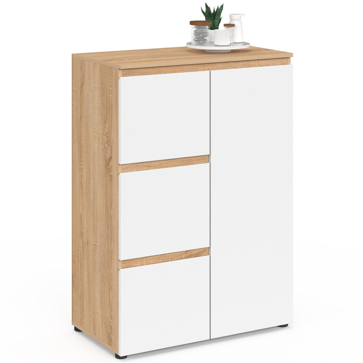 Meuble de rangement salle de bain TOMI 3 tiroirs avec placard imitation hêtre et blanc