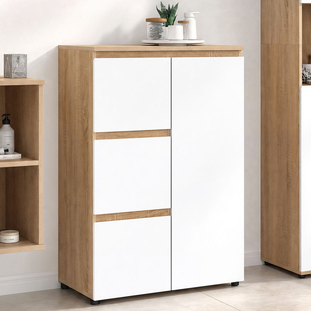 Meuble de rangement salle de bain TOMI 3 tiroirs avec placard imitation hêtre et blanc