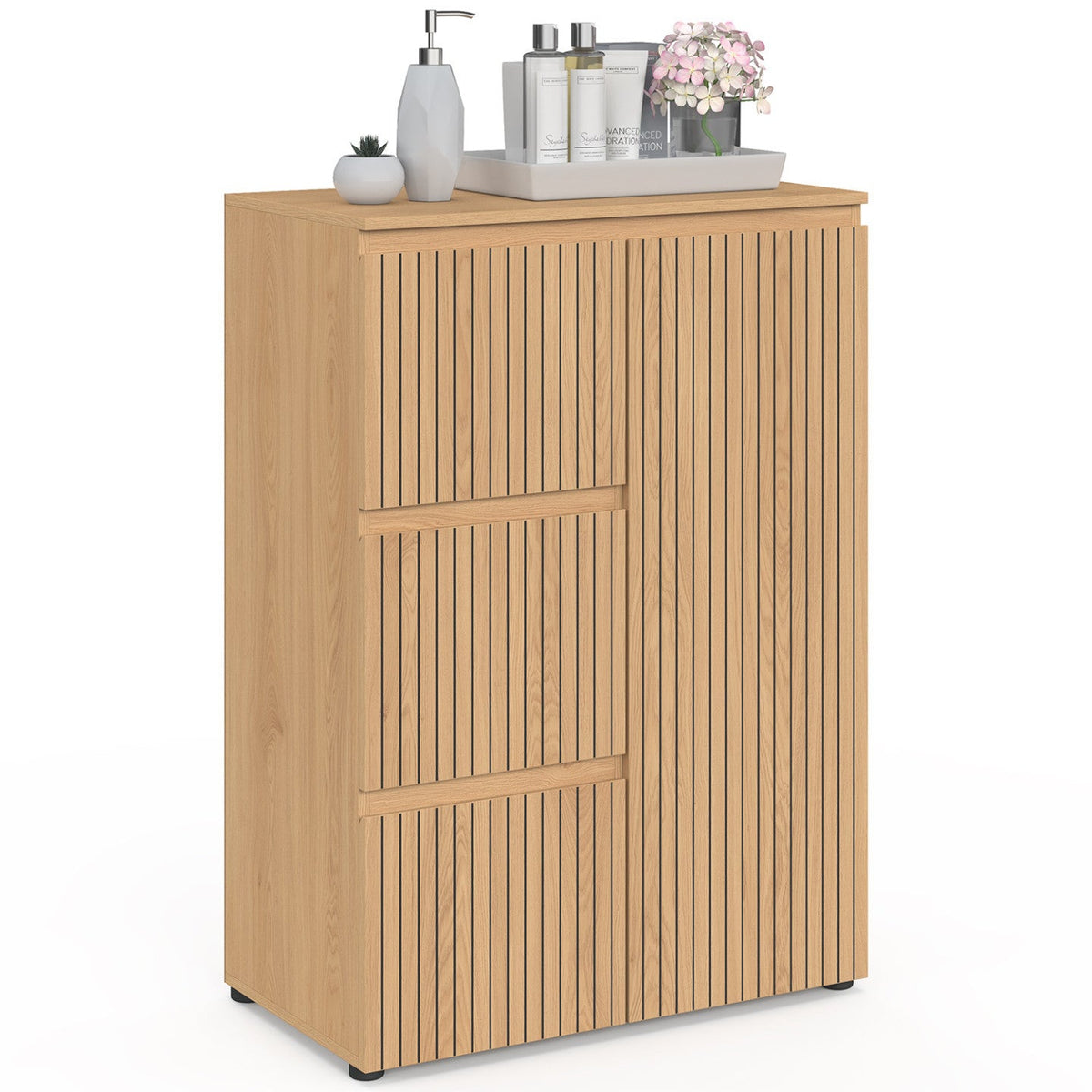 Meuble de rangement salle de bain VICTOR 3 tiroirs avec placard effet lattes