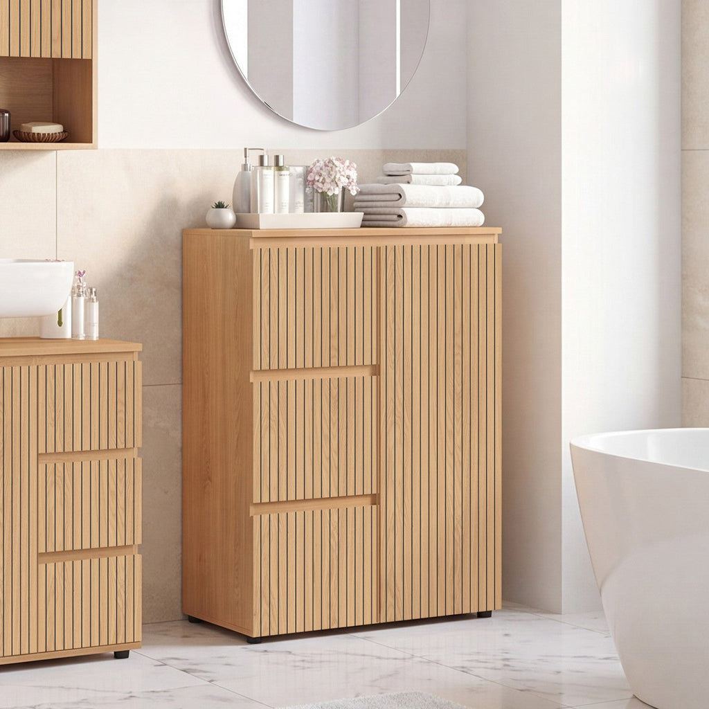 Meuble de rangement salle de bain VICTOR 3 tiroirs avec placard effet lattes