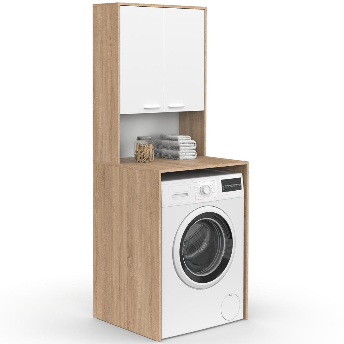 Meuble sur lave-linge WALLIS avec placard, coloris bois façon hêtre et blanc