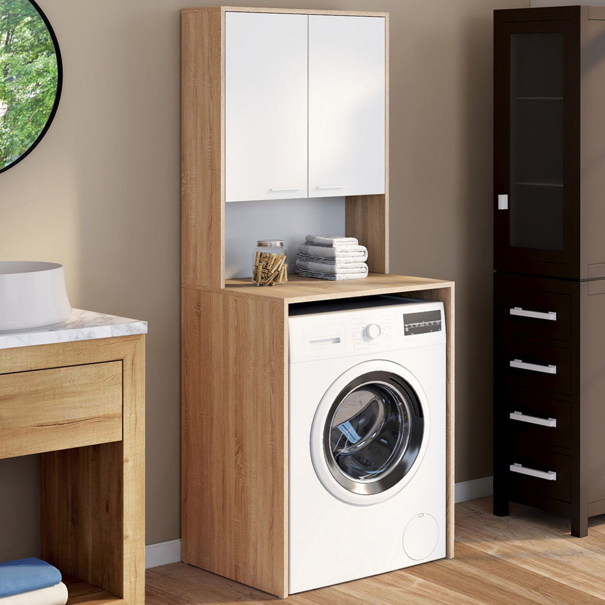 Meuble sur lave-linge WALLIS avec placard, coloris bois façon hêtre et blanc