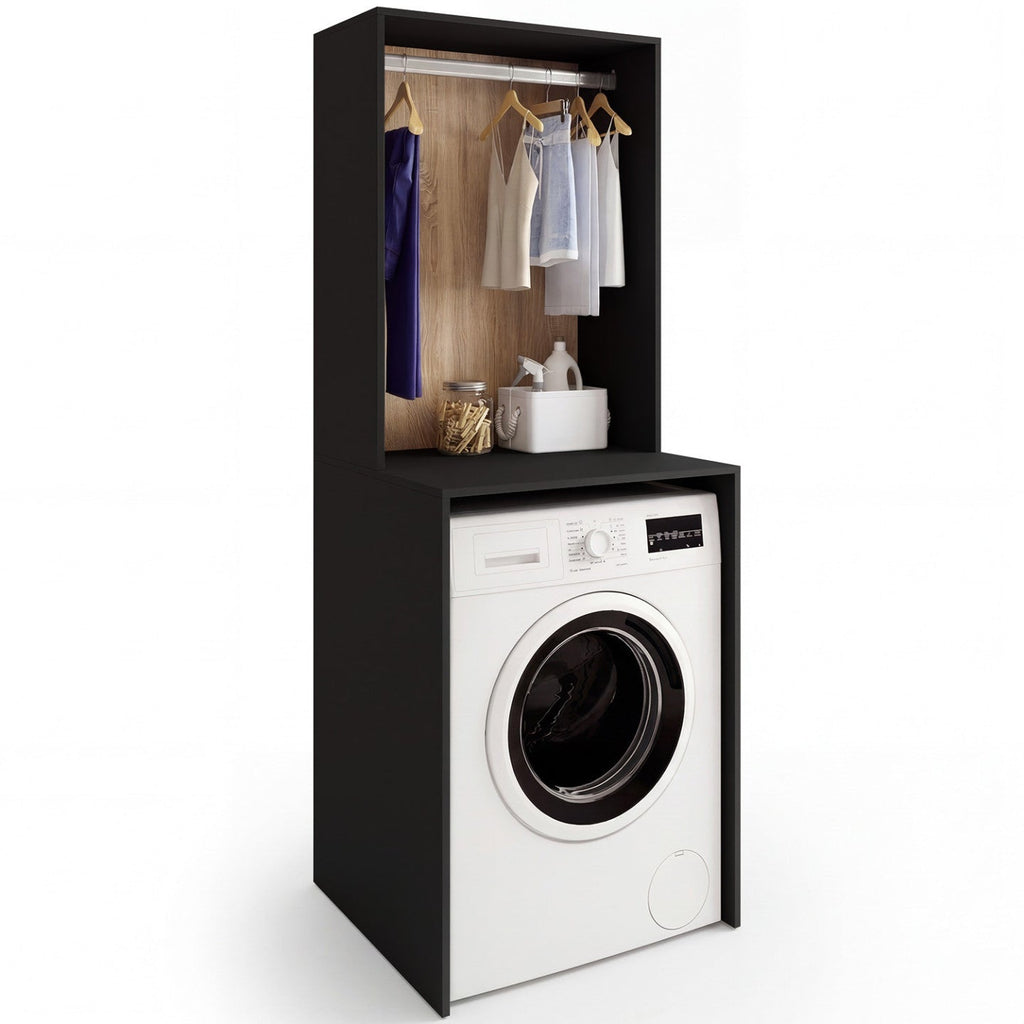 Meuble sur machine à laver avec penderie WALLIS noir et bois façon hêtre