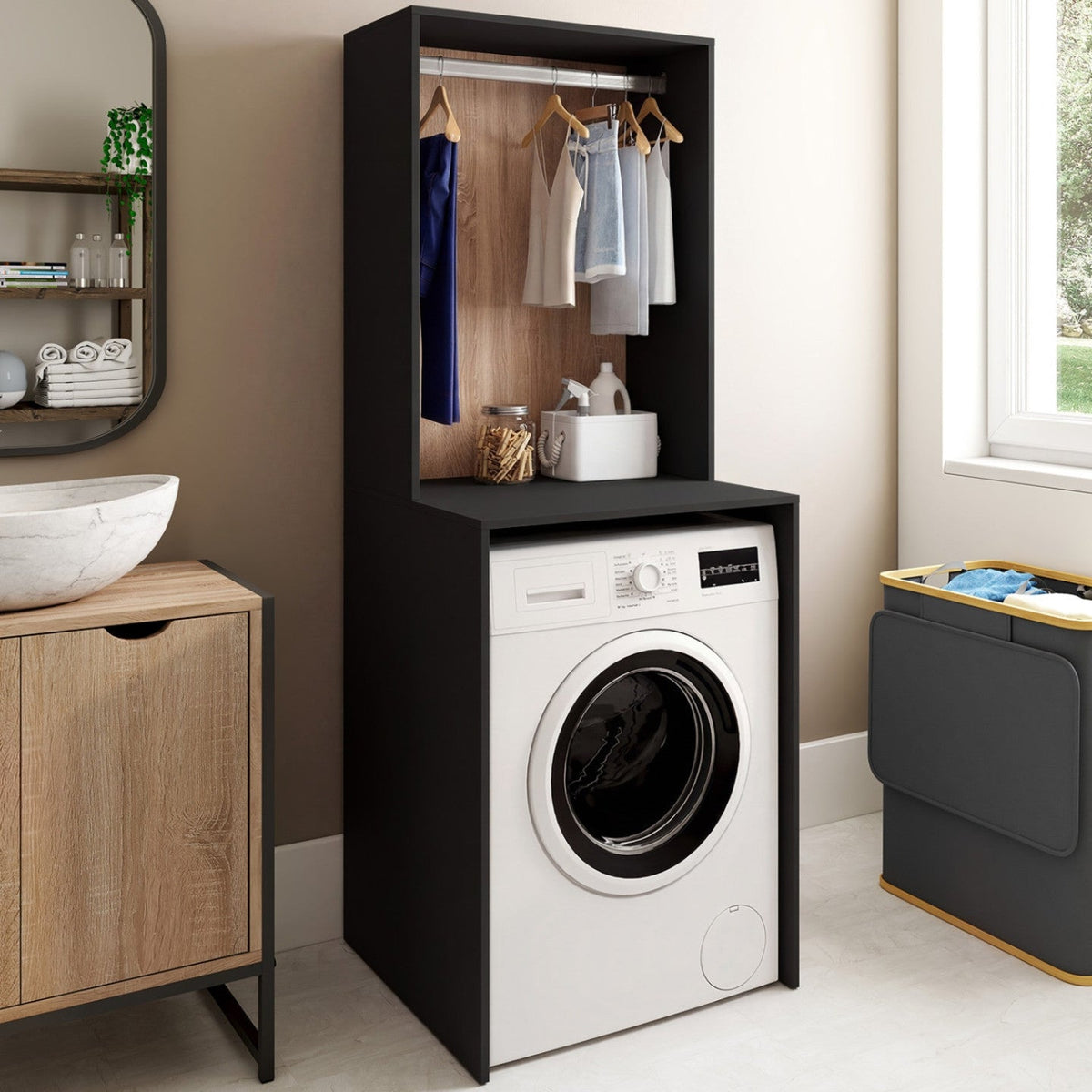 Meuble sur machine à laver avec penderie WALLIS noir et bois façon hêtre