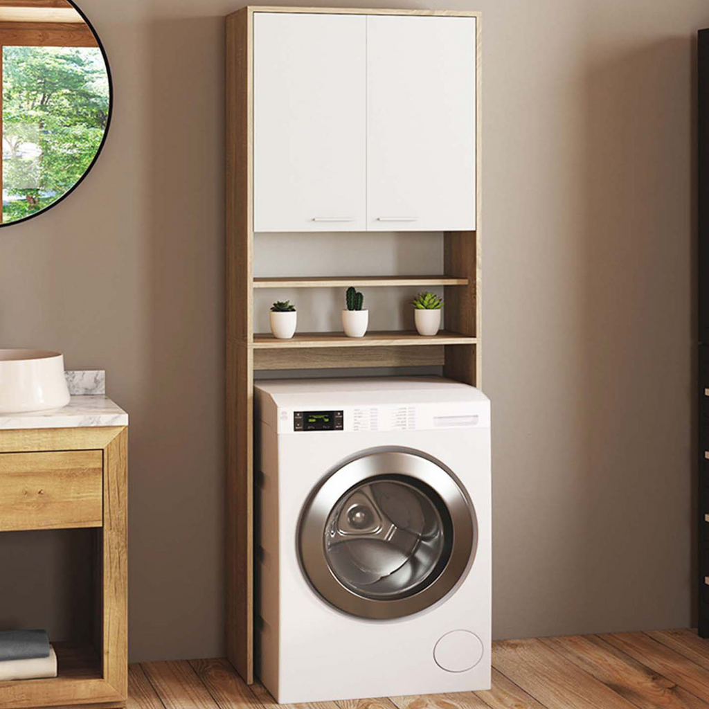 Meuble de rangement pour lave-linge ou WC WALLIS, blanc et hêtre
