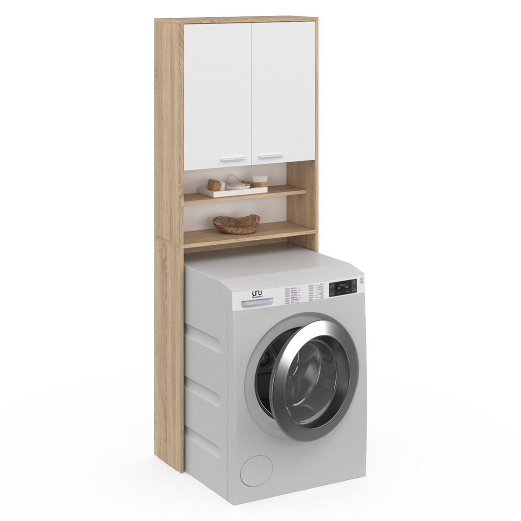 Meuble de rangement pour lave-linge ou WC WALLIS, blanc et hêtre