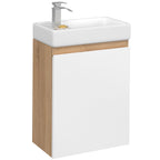 Meuble lave-mains suspendu WC TOMI 1 porte décor hêtre et blanc avec vasque en céramique blanche
