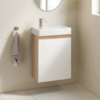 Meuble lave-mains suspendu WC TOMI 1 porte décor hêtre et blanc avec vasque en céramique blanche