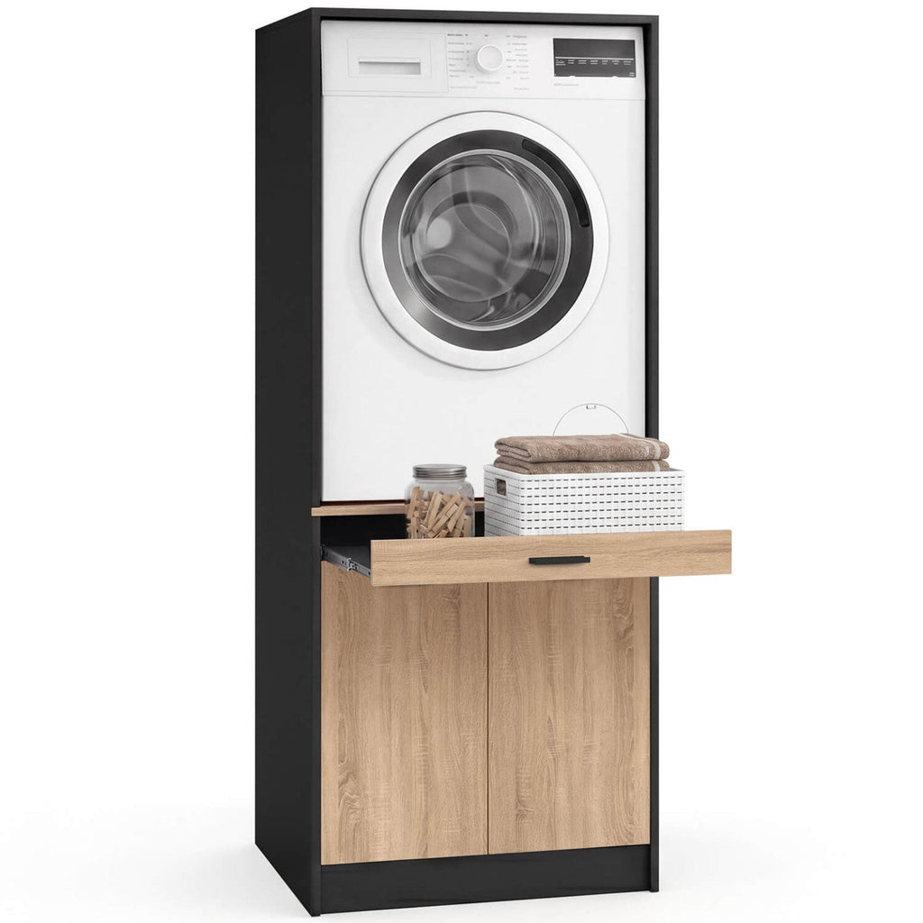 Meuble rehausseur pour lave-linge ou sèche-linge WALLIS avec tablette coulissante pour panier à linge et placard, noir et bois