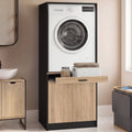 Meuble rehausseur pour lave-linge ou sèche-linge WALLIS avec tablette coulissante pour panier à linge et placard, noir et bois