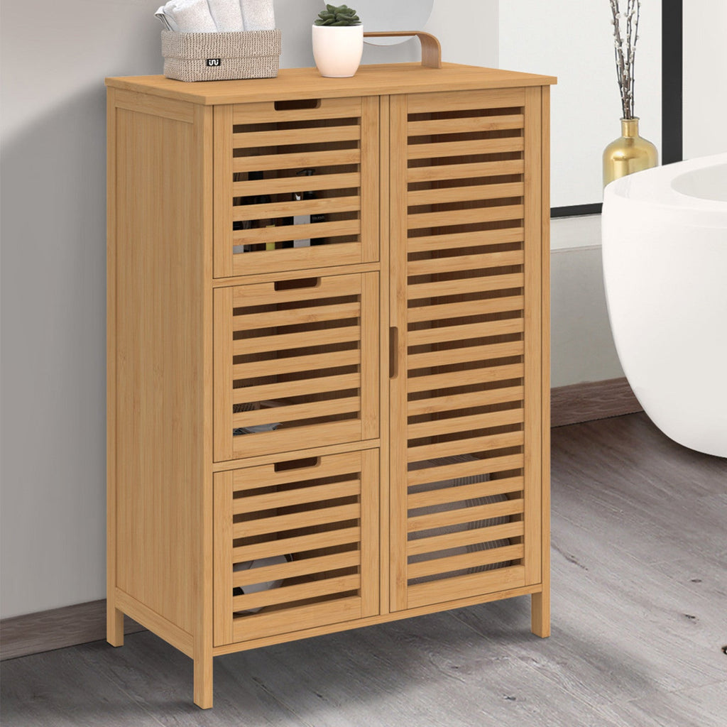 Meuble de rangement salle de bain en bambou BEA, 3 tiroirs avec placard