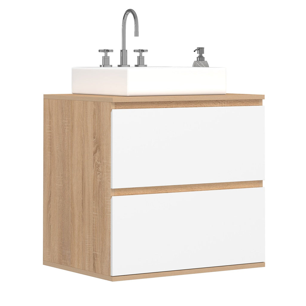 Meuble sous-vasque suspendu pour salle de bain TOMI, 2 tiroirs, aspect hêtre et blanc
