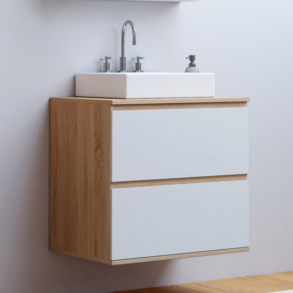 Meuble sous-vasque suspendu pour salle de bain TOMI, 2 tiroirs, aspect hêtre et blanc