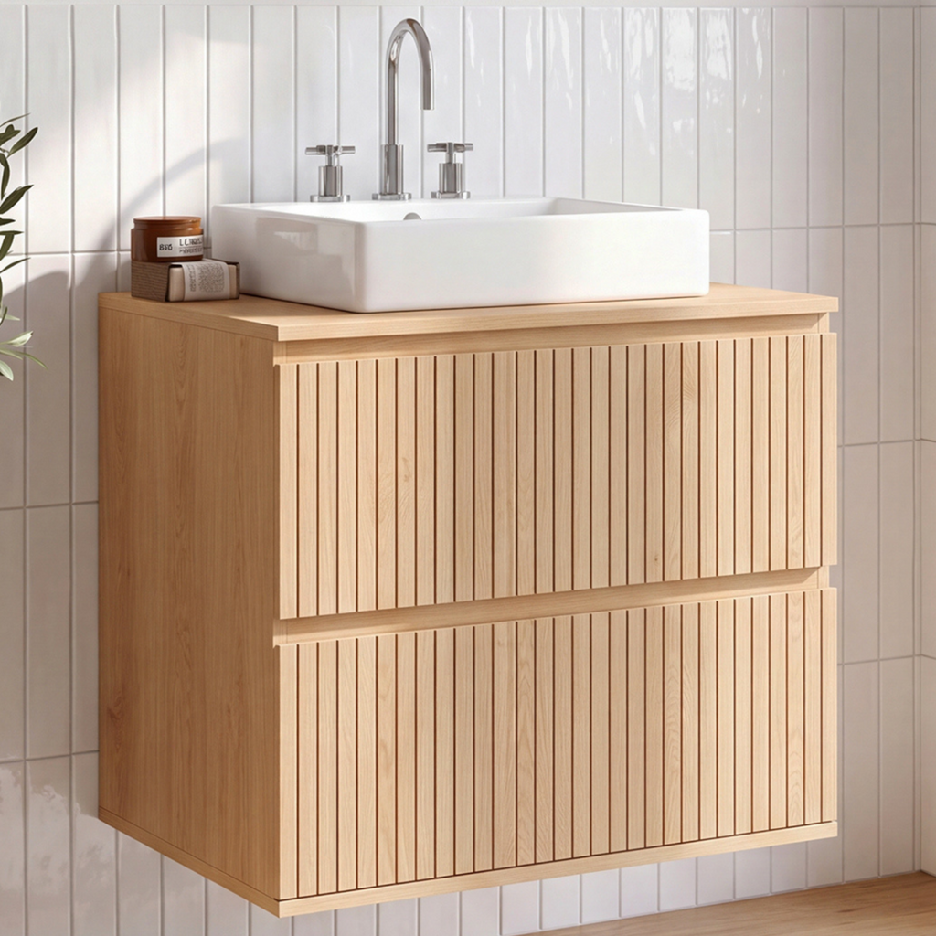 Meuble sous-vasque suspendu pour salle de bain VICTOR, 2 tiroirs effet lattes