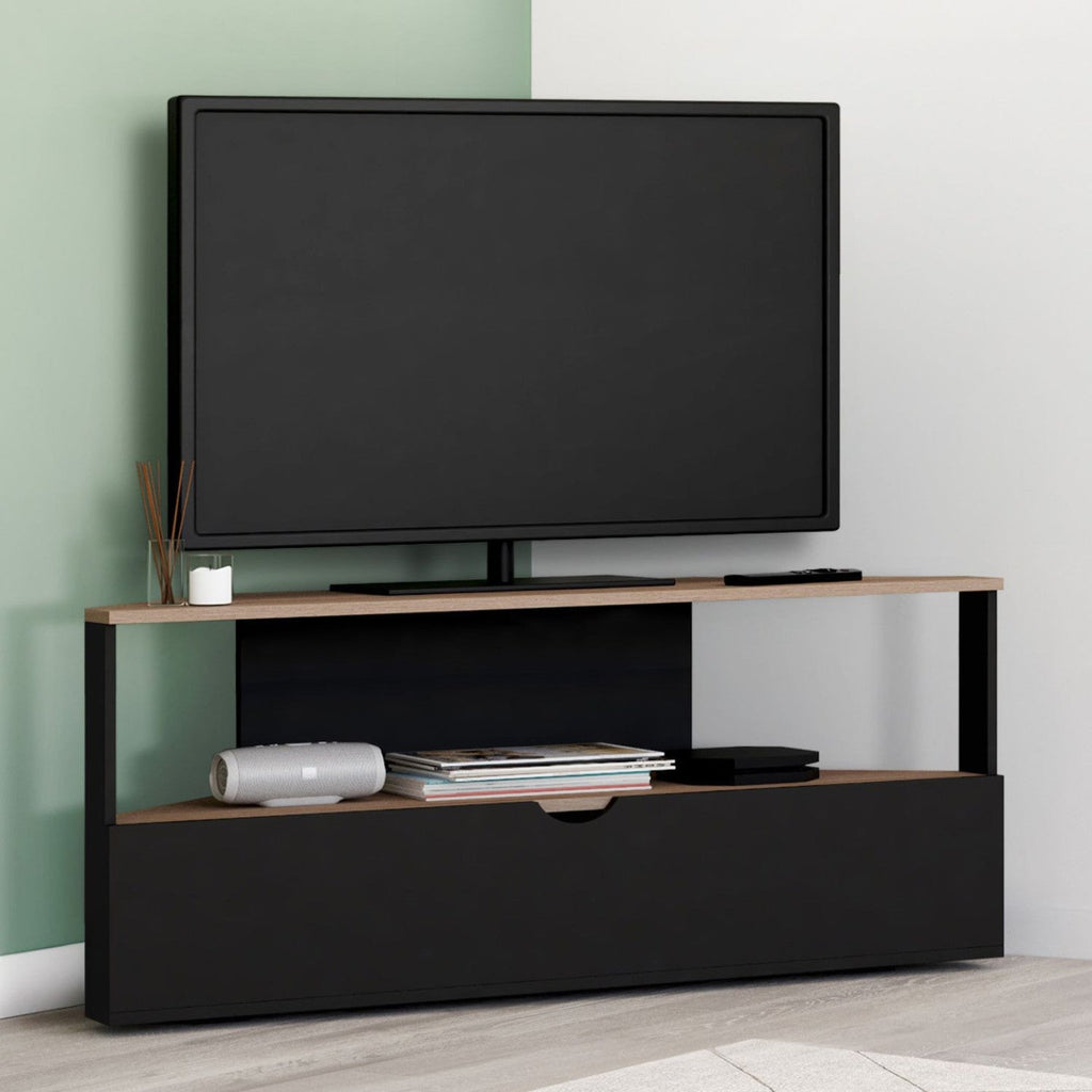Meuble TV d'angle 100 cm ELI aspect hêtre et noir