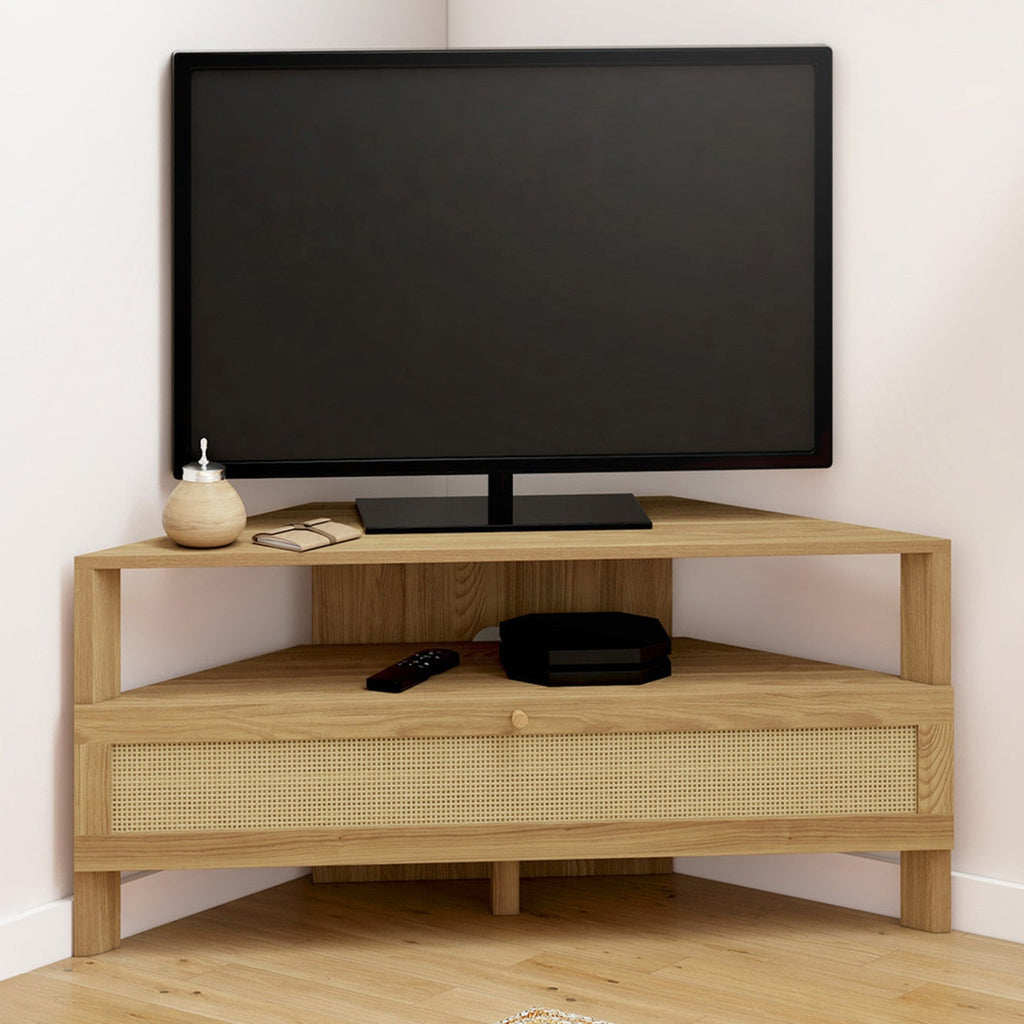 Meuble TV d'angle 100 cm HANAE 1 porte effet cannage naturel