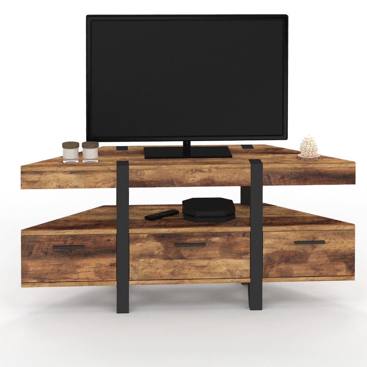 Meuble TV d'angle 110 cm AUSTRIA bois, pieds épingle, avec tiroirs
