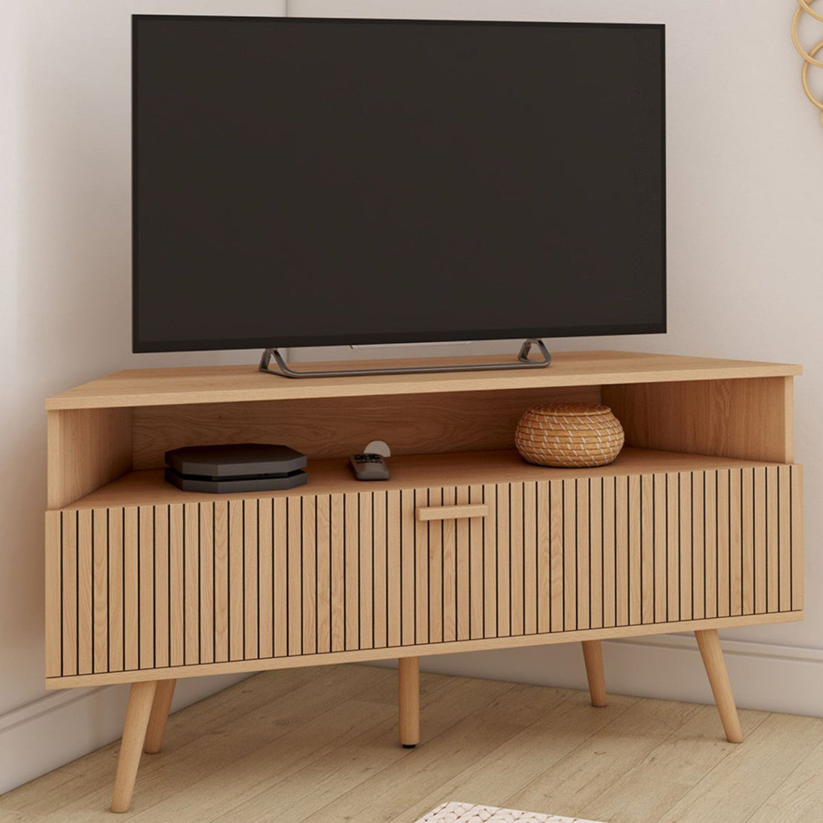 Meuble TV d'angle 110 cm JULIETTE 1 porte effet lattes coloris chêne