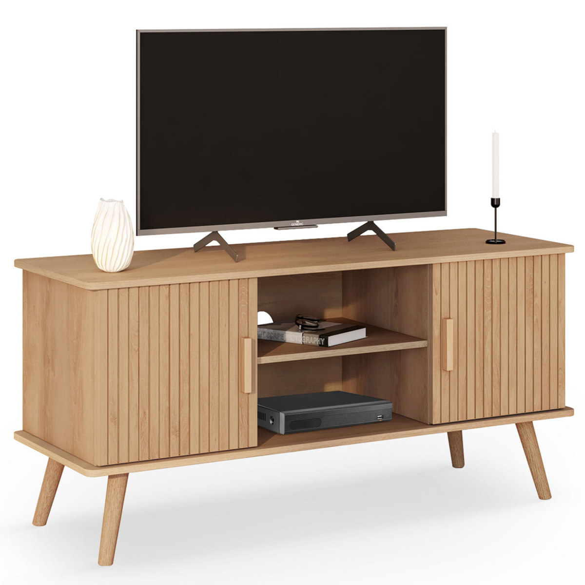 Meuble TV 110 cm JULIETTE 2 portes à lattes bois coloris chêne