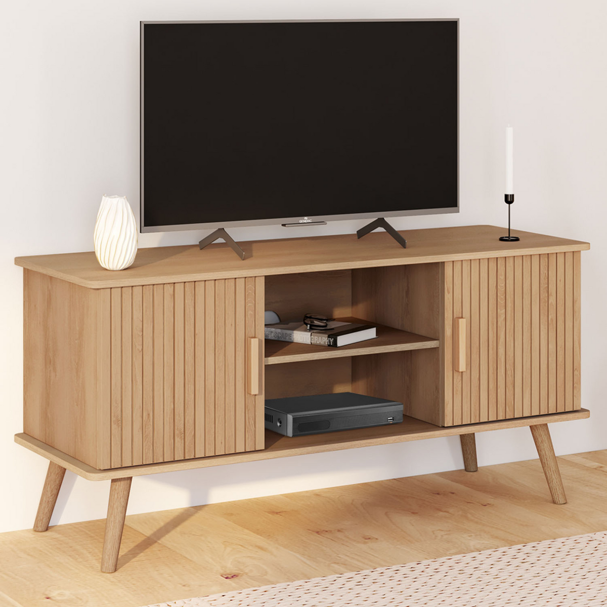 Meuble TV 110 cm JULIETTE 2 portes à lattes bois coloris chêne