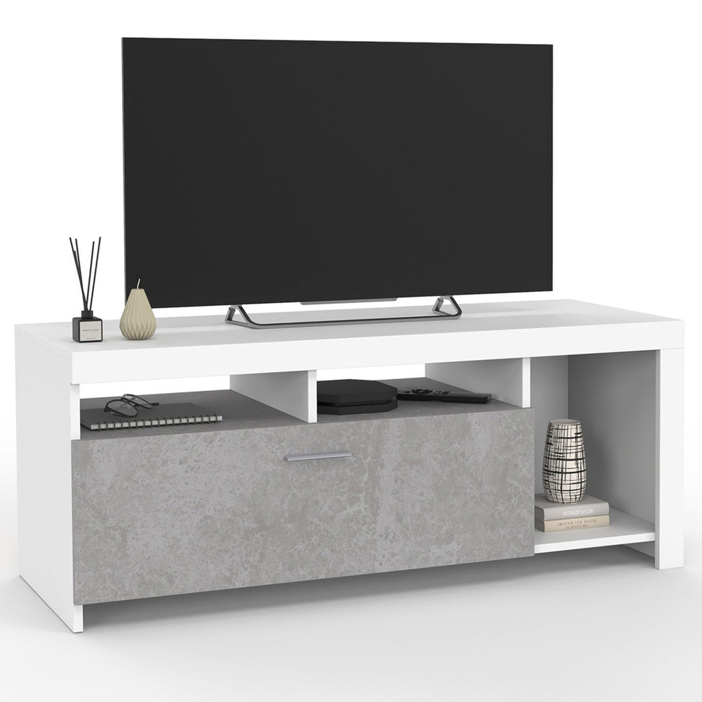 Meuble TV 110 cm MALO blanc et placard effet béton