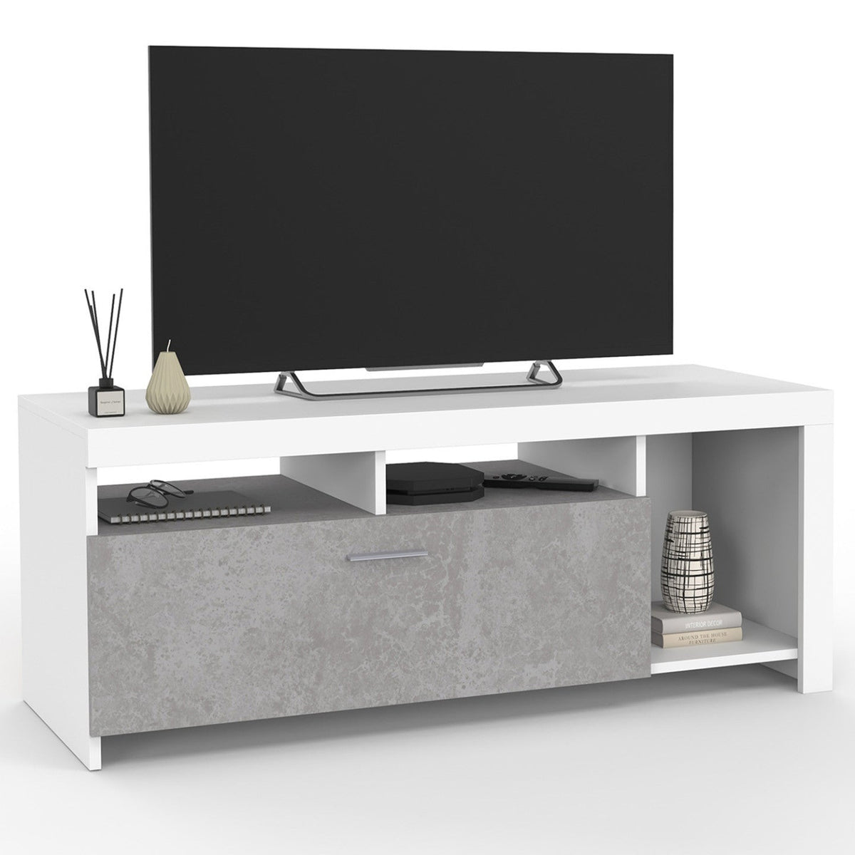 Meuble TV 110 cm MALO blanc et placard effet béton